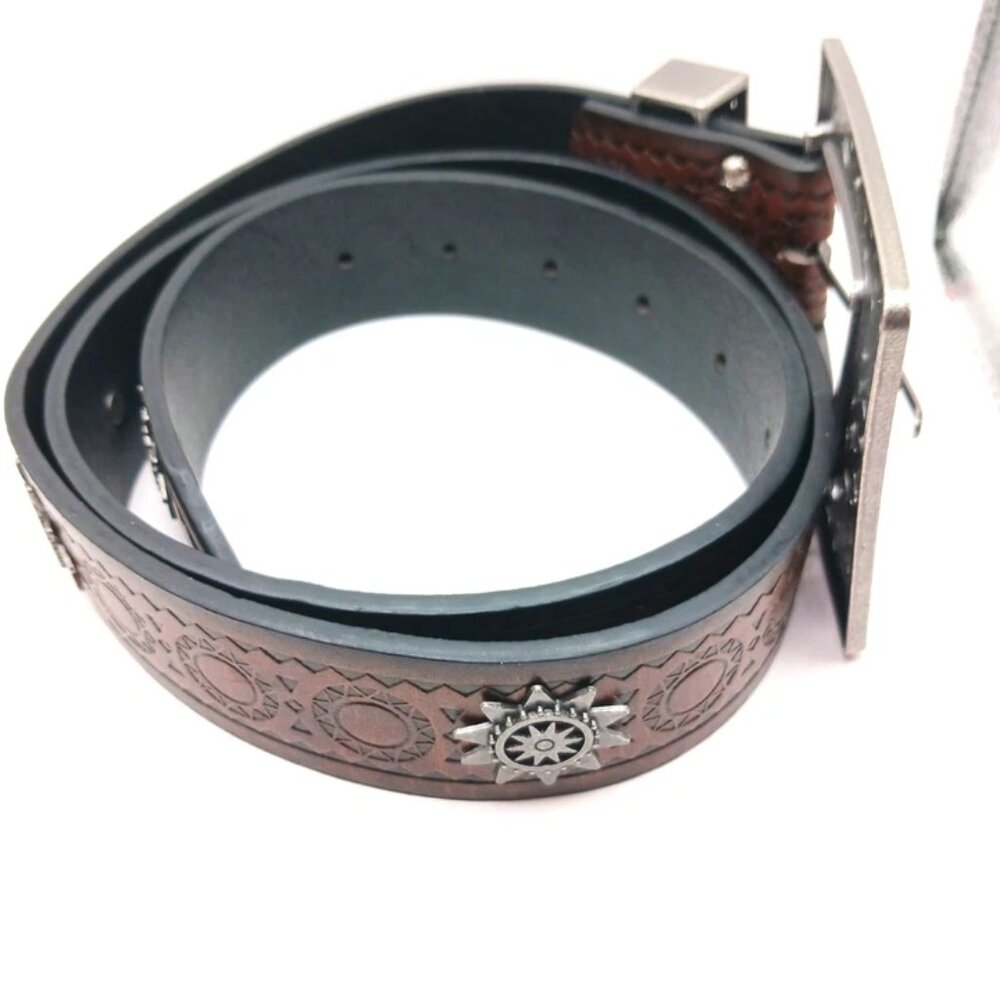 Womens Brown Leather Belt Waist Size 29 To 35 With Large Filagree Buckle New - Picture 2 of 9
